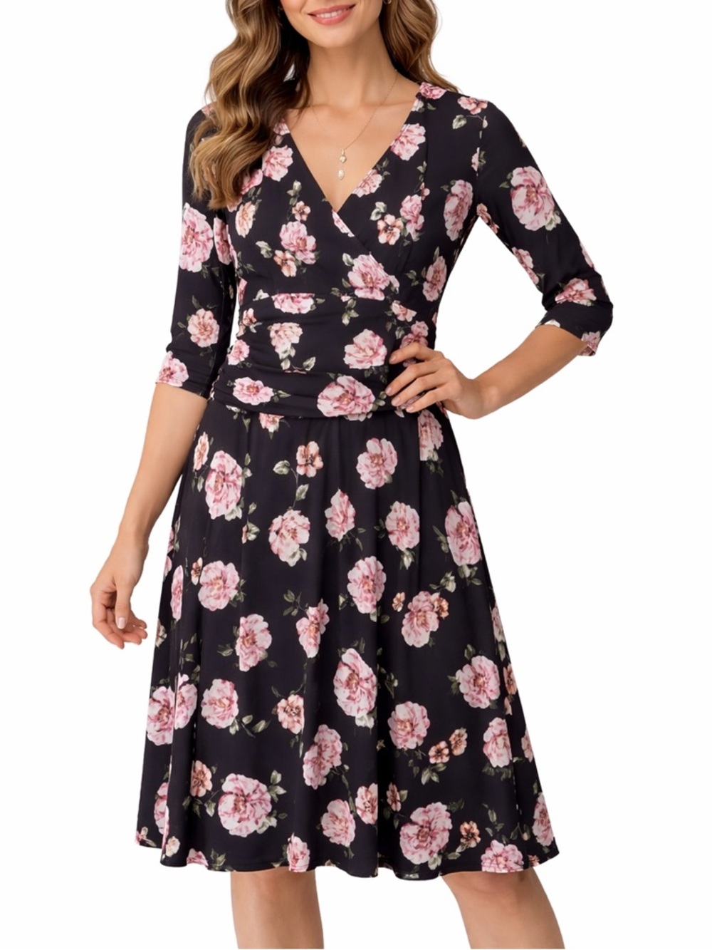 Rekucci Black Floral Dress Size 12 V-Neck 3/4 Sleeve Stretch Fit & Flare